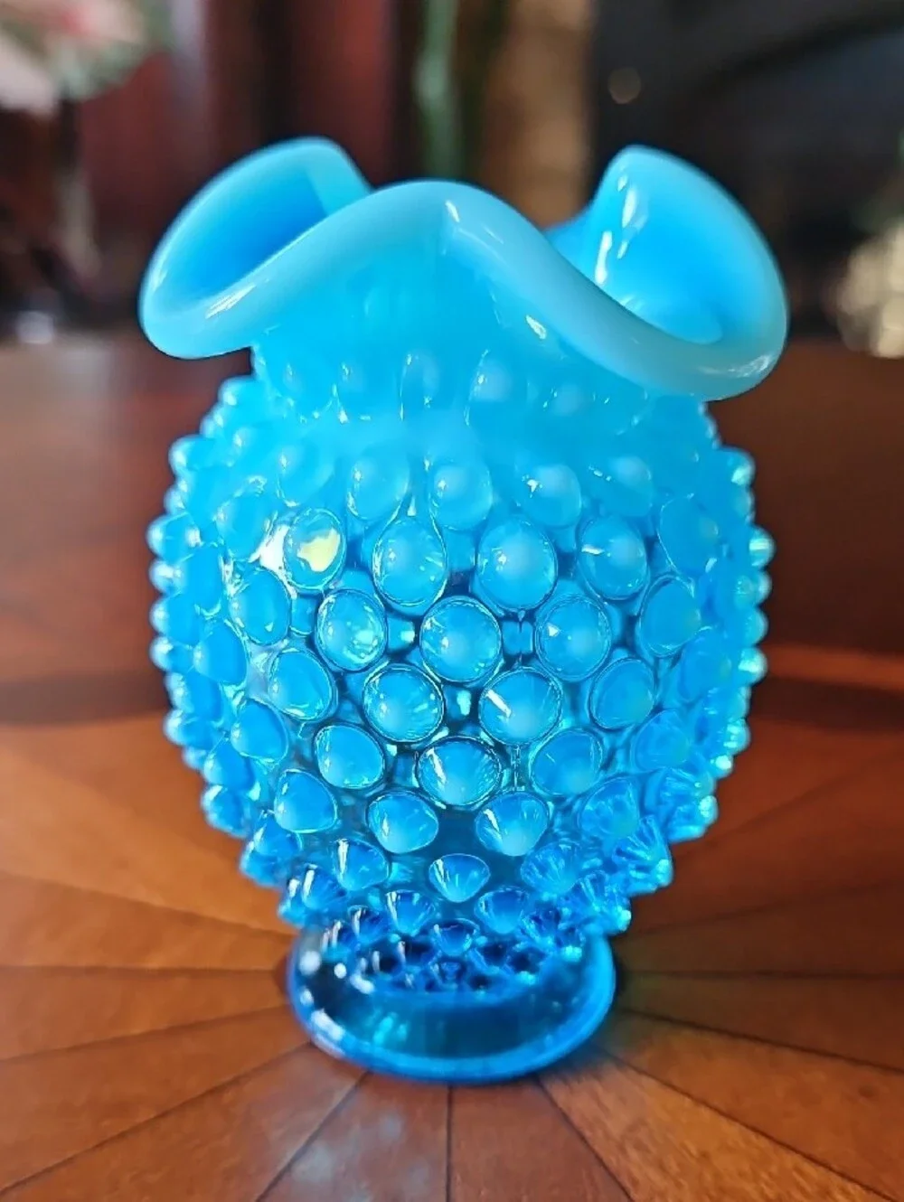 Vintage Fenton Blue Opalescent Hobnail Crimped Ruffled Glass  Miniature Vase
